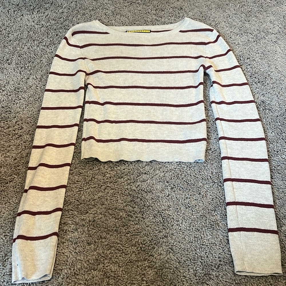 Prince & Fox Cream and Burgundy Striped Long Sleeve Crop Top